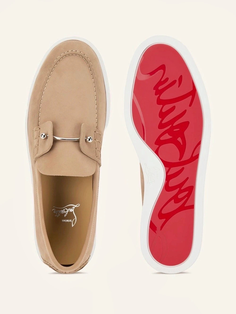 Christian Louboutin Men’s Size 48 / US 15 Lionne Beige Suede Loafers Red Bottom